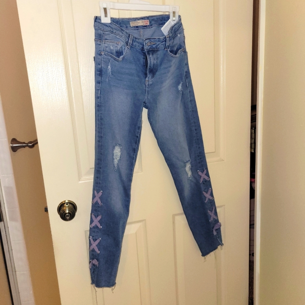 Zara Girls Casual Collection Distressed Jeans with Purple Criss-Cross Size 11-12